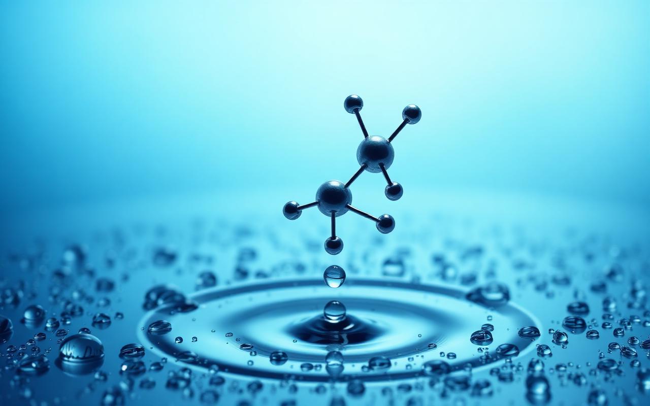 Molecular structure floating above water droplets on a blue background